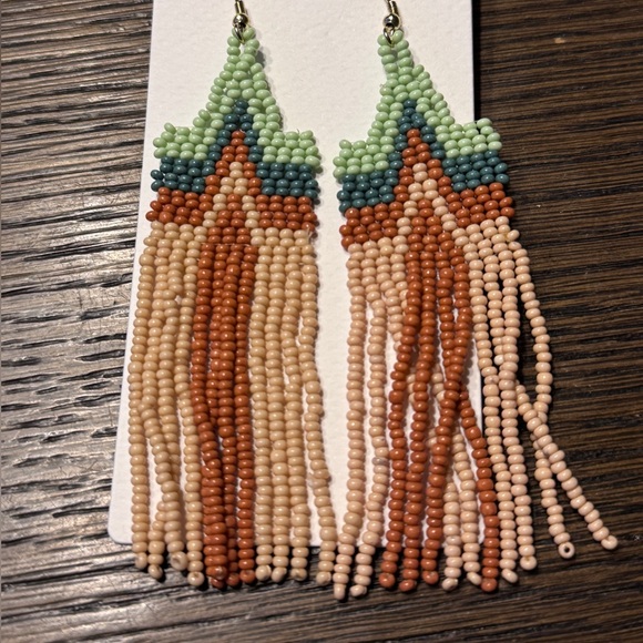 Ink+Alloy Beaded Fringe Earrings in green, Blue, and clay orange NWT - Picture 2 of 2